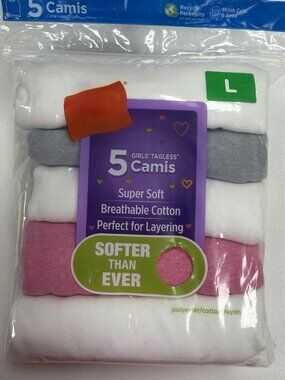 Hanes Girl's 5 Tagless Camis size L Sleeveless Spagetti Strap Tank Top Camisole